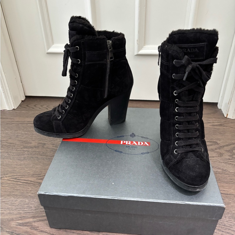 Prada Black Heeled Boots with Lace-Up Design